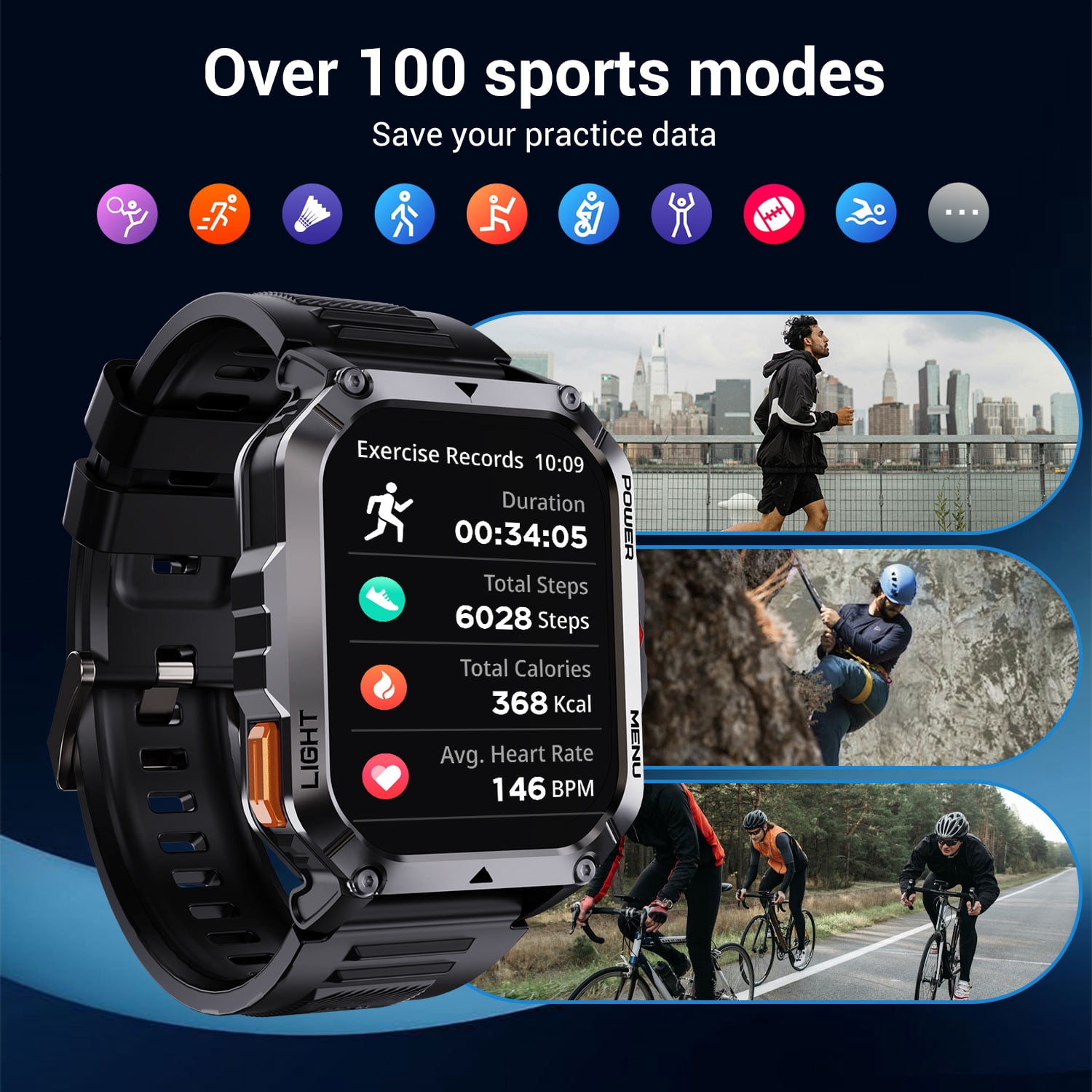 Blackview 2.01" Military Smart Watch for Men,with Calling,Flashlight,Compass,100+ Sports Modes,Large 900 mAh Battery, fits for Android iPhone,Black