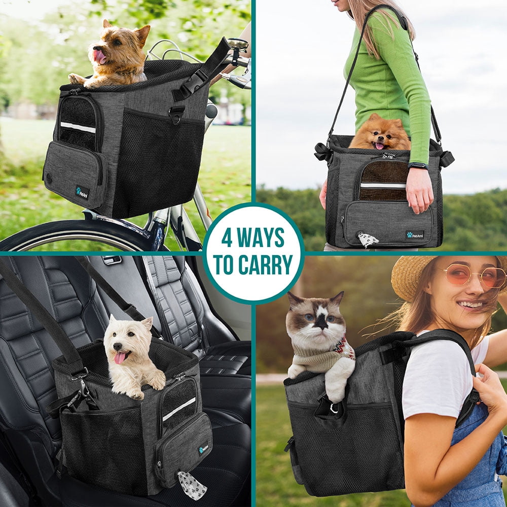 PetAmi Dog Bike Basket, Soft-sided Ventilated Dog Bike Carrier Backpack, Dog Pet Bicycle Basket for Bike Handlebar, Small Medium Puppy Cat Kitten Car Booster Seat with Safety Strap (Dark Gray)
