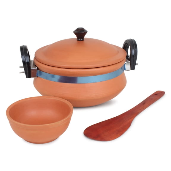 Handi For Cooking & Serving With Lid   Serving Bowl   Wooden Spatula Combo | Clay Pot Terracotta Handmade Mud Mitti Ke Bartan Pot - Uncoated Pottery Storage Earthen India 2 Liters