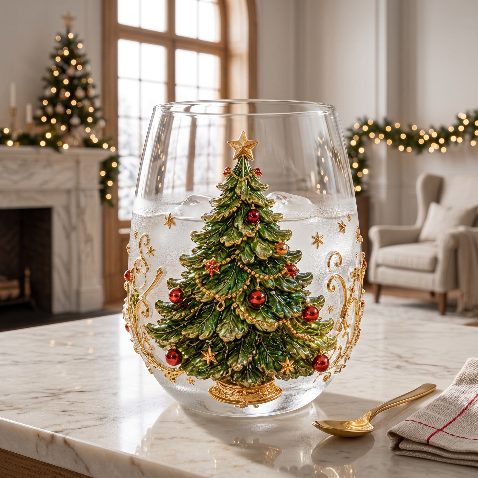 Christmas Decorations Stemless Wine Glass Embossed Santa Snowman Reindeer Tree Wreath Stocking Tumbler for Home Party Tabletop Holiday Decor