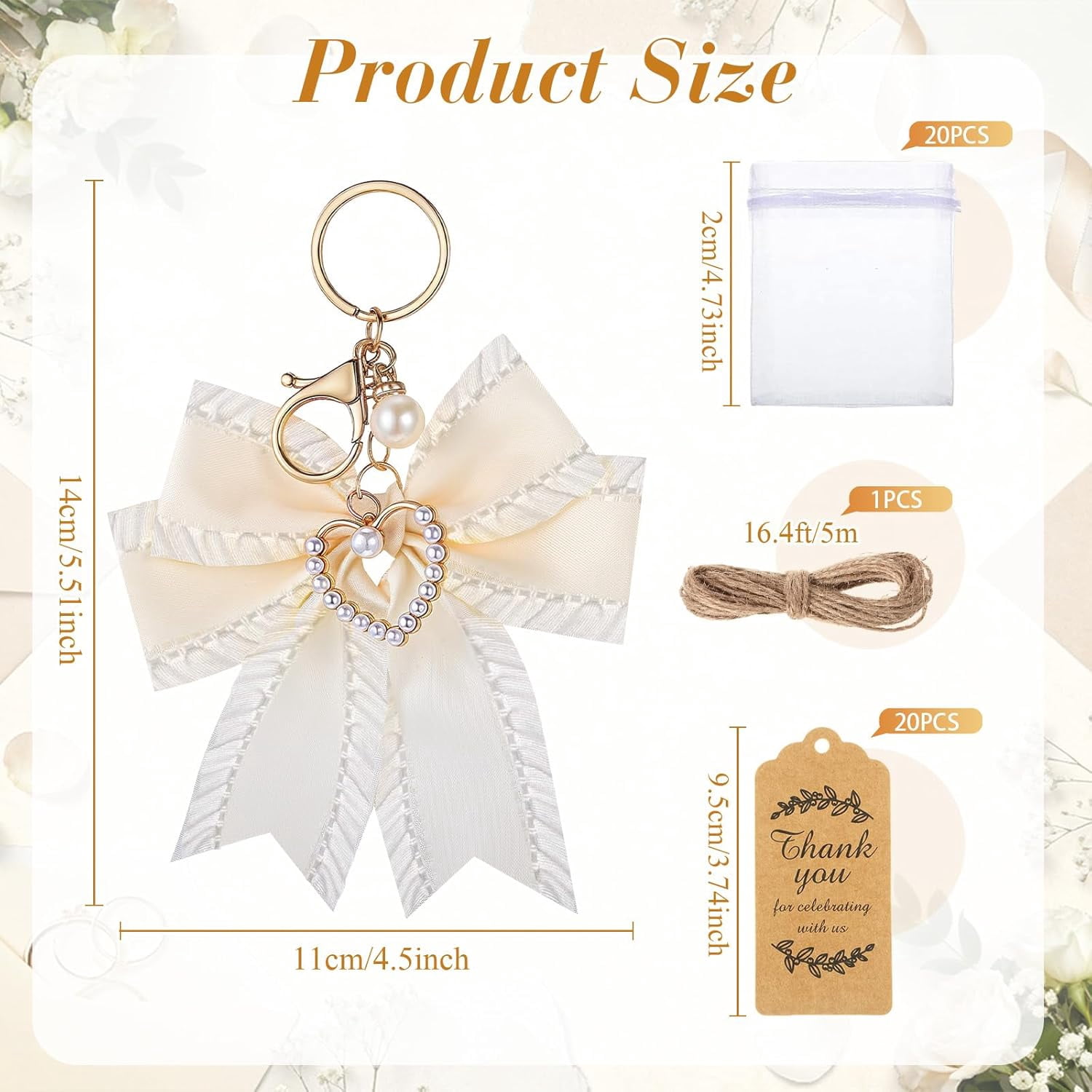 20 Set Pearl Bow Keychain Party Favor Bulk Steel Keyring Charm Accessories Souvenir Present Kraft Tag Organza Bag for Guest Baptism Bridal Shower Valentine Coquette Wedding Gift(White)
