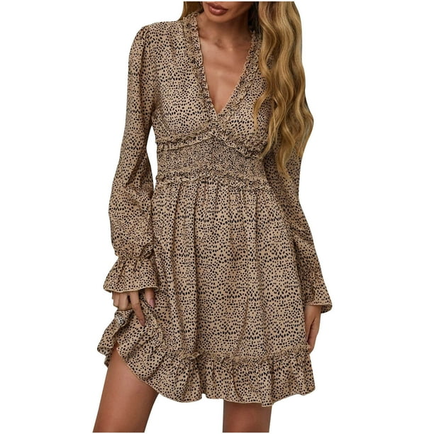Vestido hasta la rodilla con volantes y manga larga de mariposa con cuello en V y estampado de puntos sexy informal para mujer a la moda Fridja NMB5002