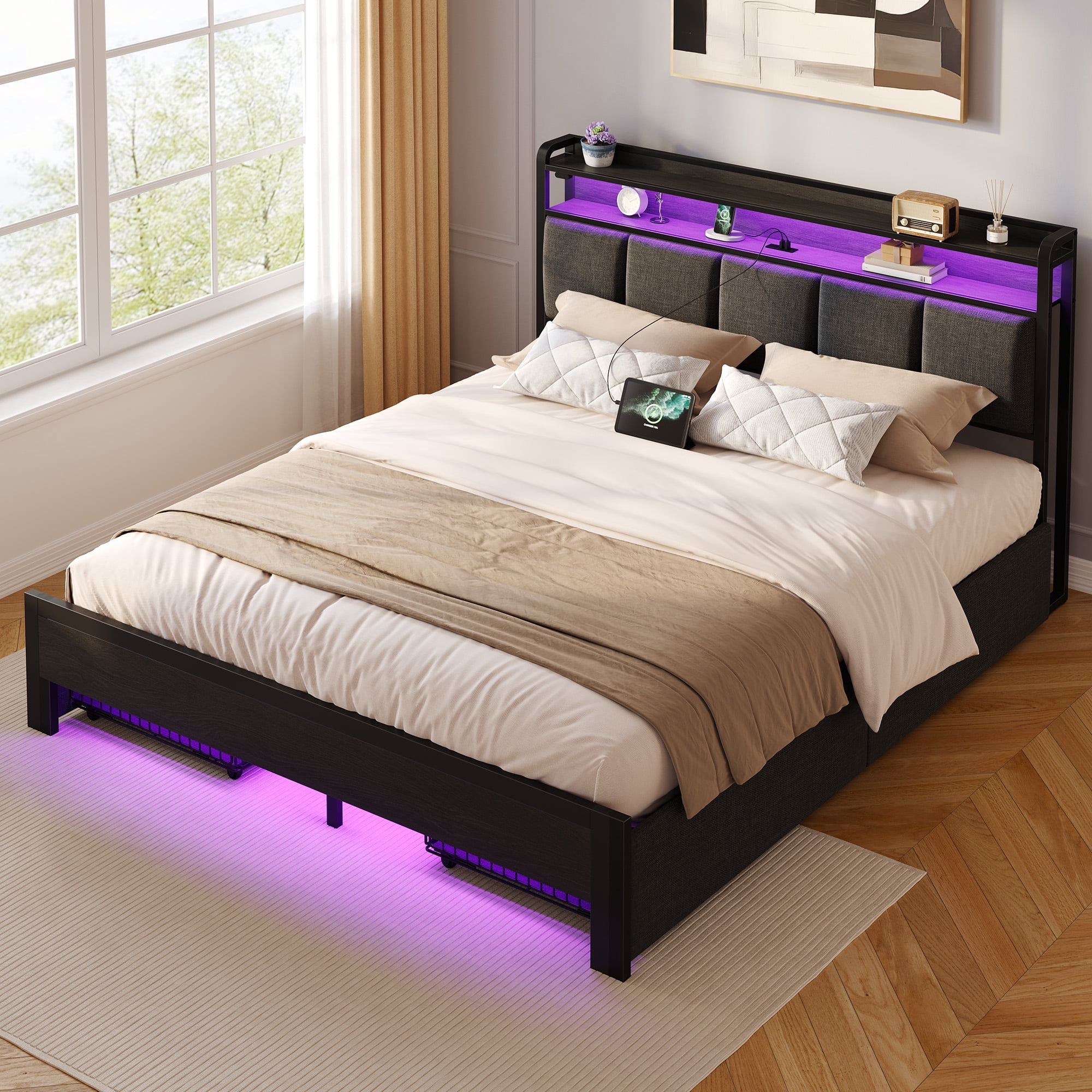 Greenstell Queen Bed with Headboard and Charging Station, Upholstered bed with 4 Drawers and RGB LED Lights,Dark Gray