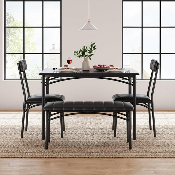 Find Hidden Treasures 4 Piece Dining Table Set - Ergonomic Kitchen Table with Upholstered Bench and 2 Chairs, Space-Saving Design for Apartments and Homes - Durable and Easy to Assemble,Black