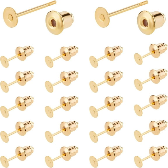 50 Sets 18K Gold Plated Flat Earring Studs with Ear Nuts for DIY Earring Jewelry Making Brass