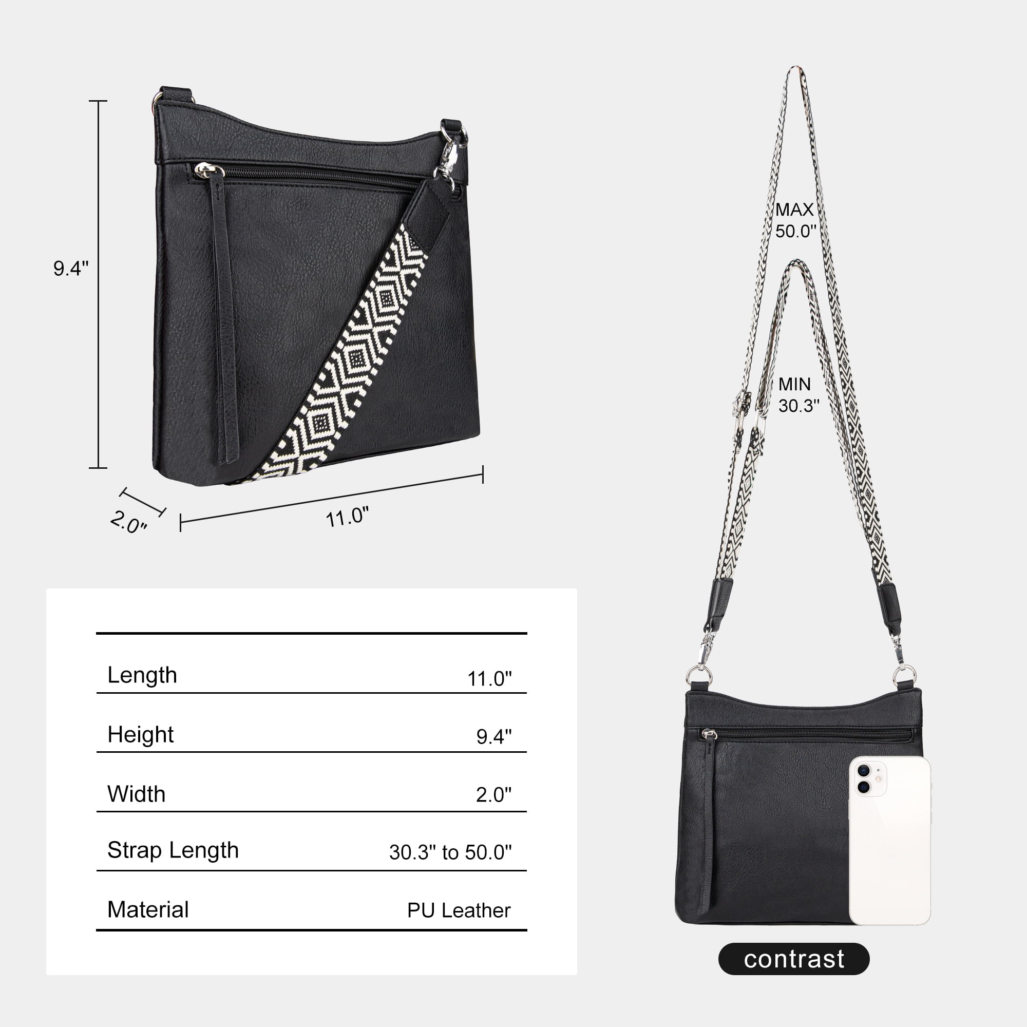 HONGLONG Leather Crossbody Bags for Women, Crossbody Purse with Guitar Strap Zipped Pockets Handbag Shoulder Bag
