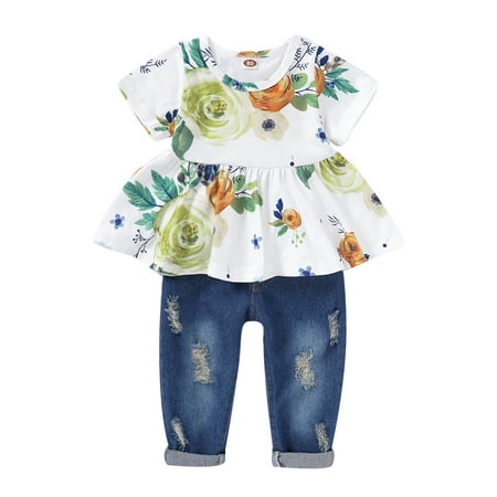 

Toddler Baby Girls Outfits Floral Print Short Sleeve Round Neck Top+Ripped jeans 2PCS Clothes Set 2-3T