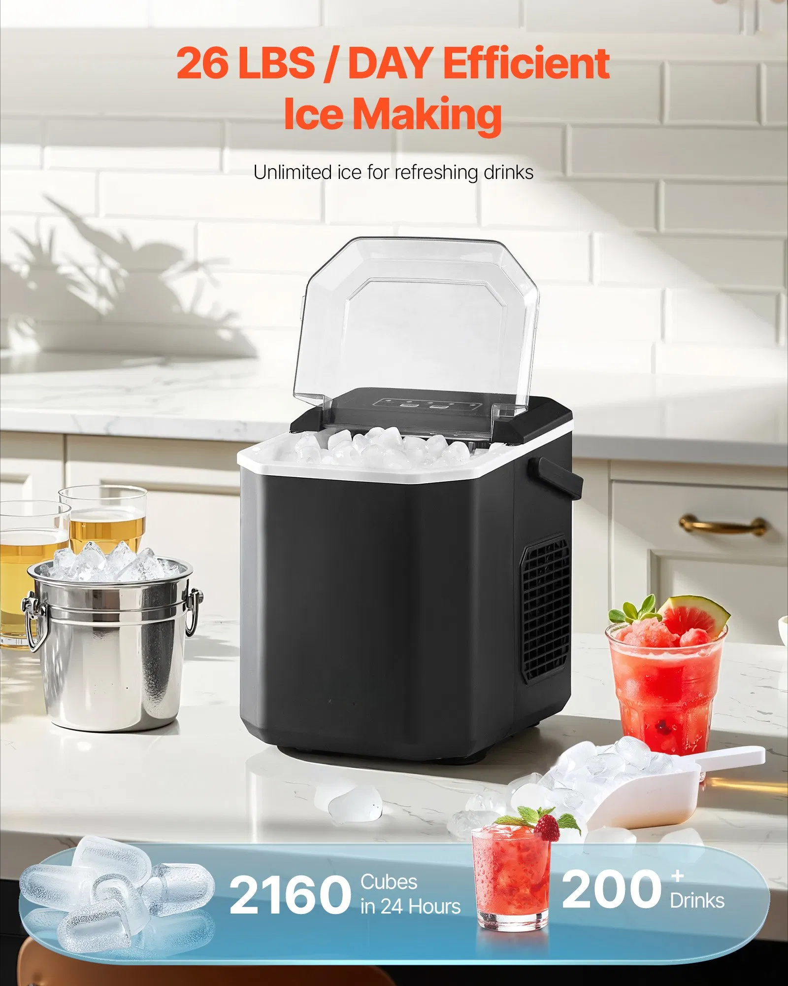 Portable ice maker, self-cleaning with a shovel basket, suitable for bars, kitchens, etc.