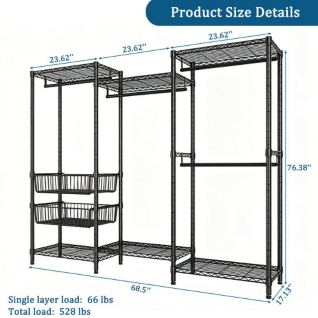 Heavy Duty Clothes Rack, Freestanding Garment Rack with 4 Hanging Rods, 6 Adjustable Wire Shelves & 2 Storage Baskets, Large Clothing Organizer, 68.5" W, Black