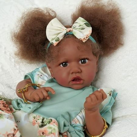 Reborn Baby Dolls Black - 22 Inch Lifelike Soft Body Realistic-Newborn Baby Dolls Taupe Eyes Caramel Skin Tone Green Dress Real Life Baby Dolls and Toy Accessories Gift for Kids Age 3