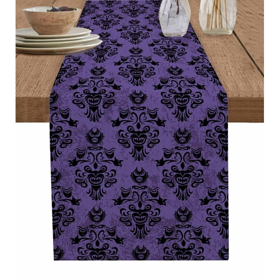 Halloween Table Runner 70 Inches, Purple Black Haunted-House Fall Seasonal Bed Runner Dresser Scarves Tabletop for Indoor Outdoor Parties/Ceremony/Banquet, 13" x 70"