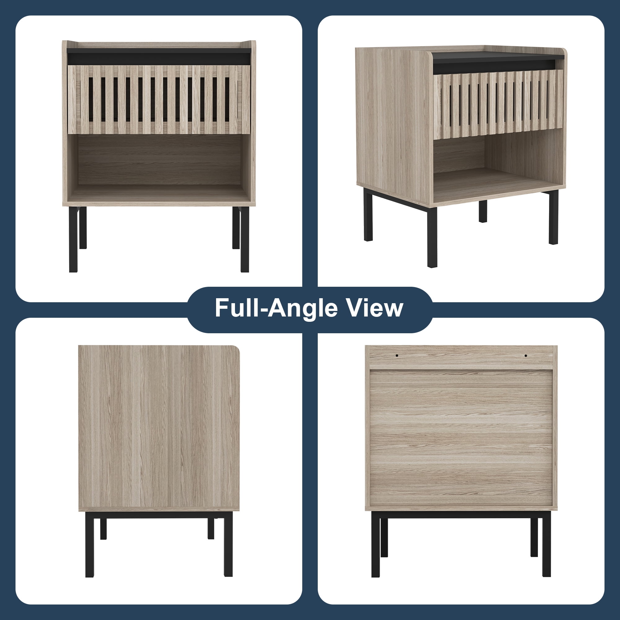 Demi Bonn Set of 2 Modern Nightstand with Minimalist Iron Foot Design, Vertical Stripe Elements, Bedside Cabinets for Contemporary Homes, Beige