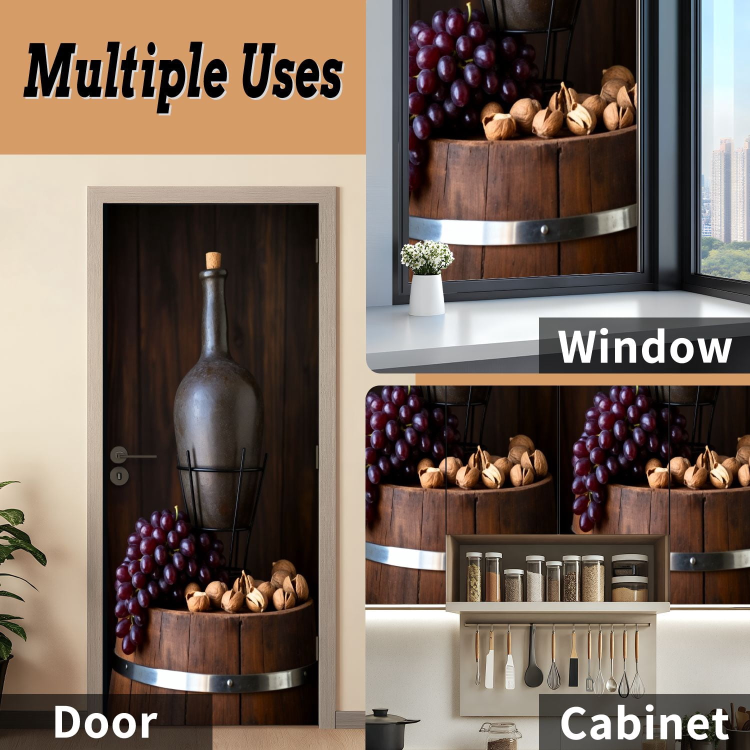 Self Adhesive Vinyl Refrigerator Wrap Set Old red wine jug Traditional production storage wine Door Mural Removable Fridge Sticker Peel and Stick&nbsp;Full Door Cover Decal Kitchen Bar Decor