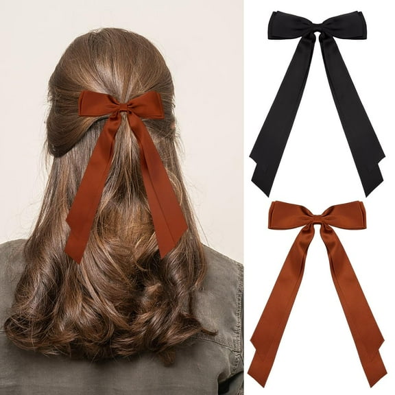 2 Pcs 2 Colors Bowknot Hair Clips Long Tail Ribbon Hair Bow Coconut Brown Black Polyester Tassel Big Satin Ties Bowknots Hair Barrettes Decorations for Women Hair Solid Accessories