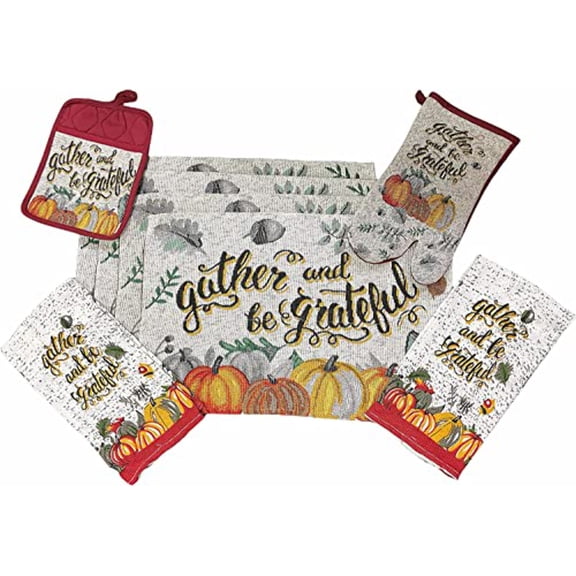 Set of 8, Gather and be Grateful with Pumpkin, Leaf Tapestry Kitchen Towel Set Includes 4 Placemat, 2 Kitchen Towels, 1 Pot Holder, 1 Oven Mitt.