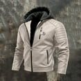 thumbnail image 4 of Men's Casual Solid-Colored Leather Jacket, Full-Zip Hooded Biker Jacket, Khaki, M, 4 of 6