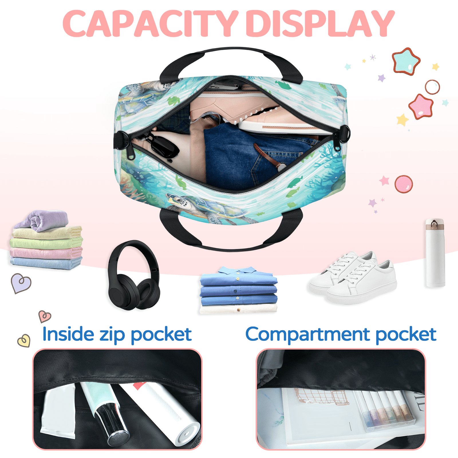 Herdesigns Sea Turtles Gym Bag for Women, Duffle Bag for Travel Sport, Lightweight Waterproof Carry on Weekender Overnight Dance Yoga Workout Bags