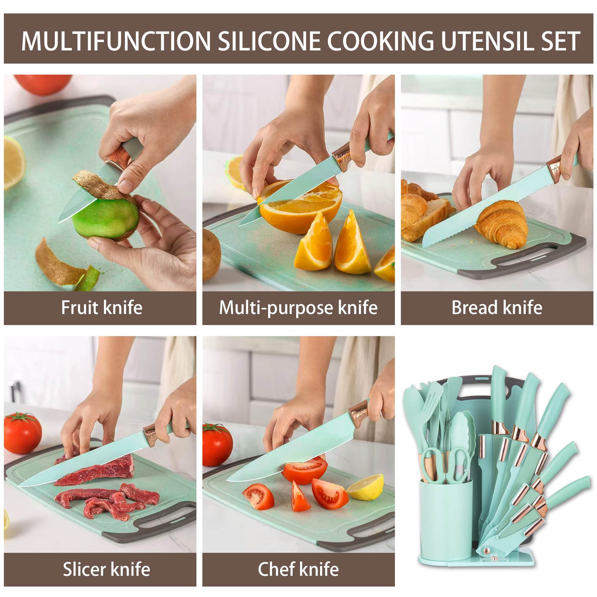HEESEM 19-Piece Silicone Kitchen Utensil & Knife Set - Heat-Resistant Cooking Tools Non-Stick Safe Gift for Mom or Women  Dark-Green