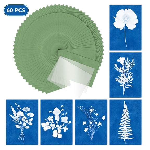 60Pcs A6 Cyanotype Paper Kit with Acrylic Board and Folder, Sun Print Paper Set for DIY Crafts Nature Art