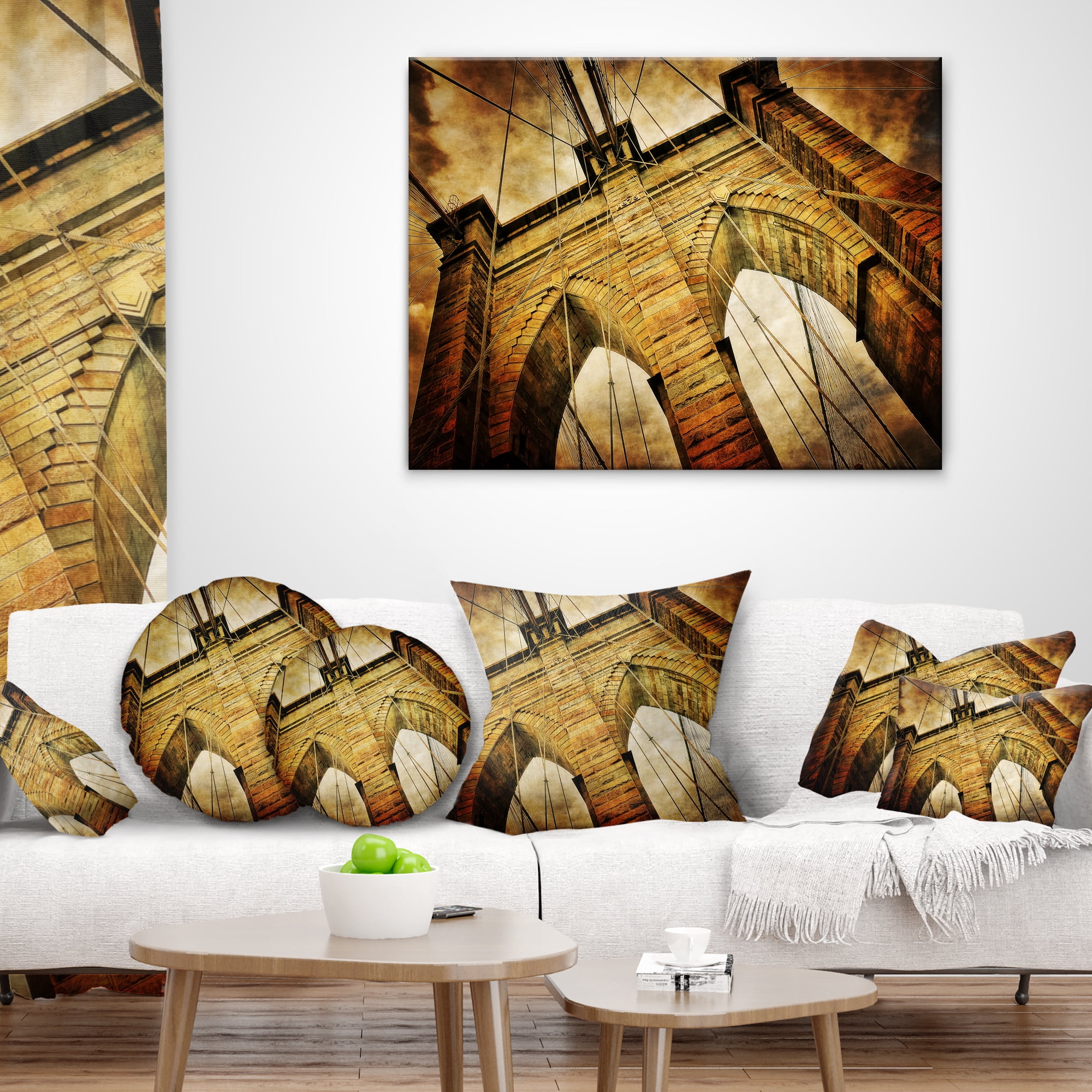 Designart Vintage Brooklyn Bridge - Contemporary Throw Pillow - 12x20