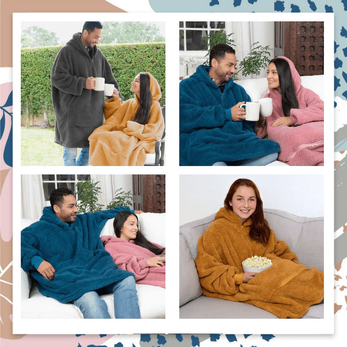 Tenby Wearable Blanket with Sleeves for Women and Men, Oversized One Size Sherpa Blanket Hoodie Sweatshirt with Front Pocket, Foldable Portable Travel Pillow with Handle and Trolley Straps, Blue