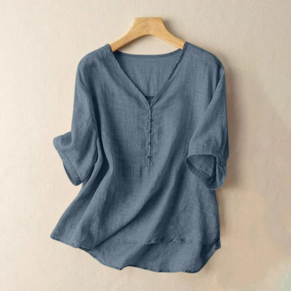 SNKSDGM Women's Plus Casual Easter Shirt Women's Tops 3/4 Sleeve Loose fit Summer Loose fit Pure Color V Neck Linen T Shirt Women's Casual Short Sleeve Top Women's Tops Dressy Casual 3/4 Sleeve