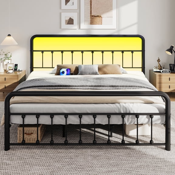 Lifezone Classic Metal Platform Bed Frame, King, with USB Port & LED