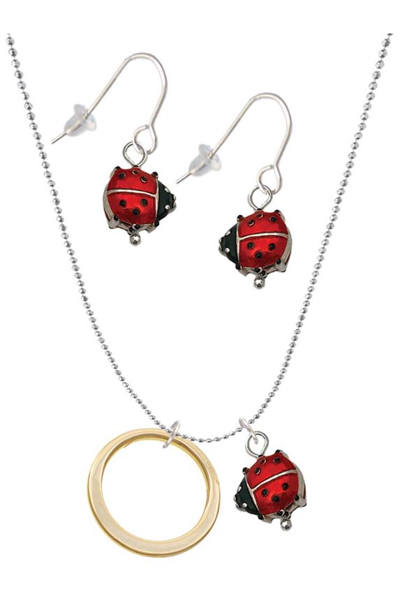 Goldtone Large Karma Ring Red Lucky Ladybug Necklace and Dangle Earrings Set