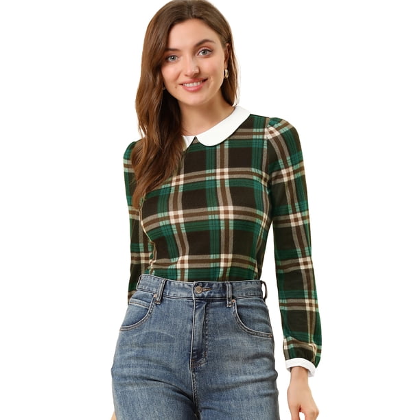 INSPIRE CHIC Blusaa Cuadros Cuello Peter Pan Manga Abullonada En Contraste Camisa Para Mujer Verde Marrón XS