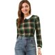 thumbnail image 1 of INSPIRE CHIC Blusaa Cuadros Cuello Peter Pan Manga Abullonada En Contraste Camisa Para Mujer Verde Marrón XS, 1 of 6