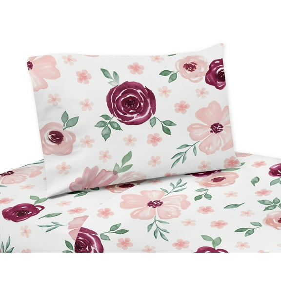Watercolor Floral Burgundy Wine and Pink Twin Sheet Set by Sweet Jojo Designs