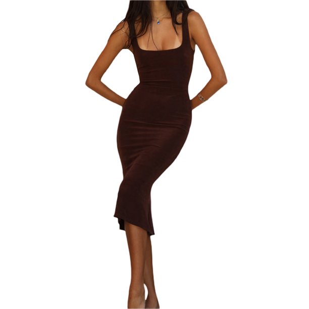 TRKIYQC Vestido Casual Ajustado para Mujer, Color Sólido Sin Mangas Sin Espalda Corte Bajo Sling Midi Vestido TRKIYQC moda