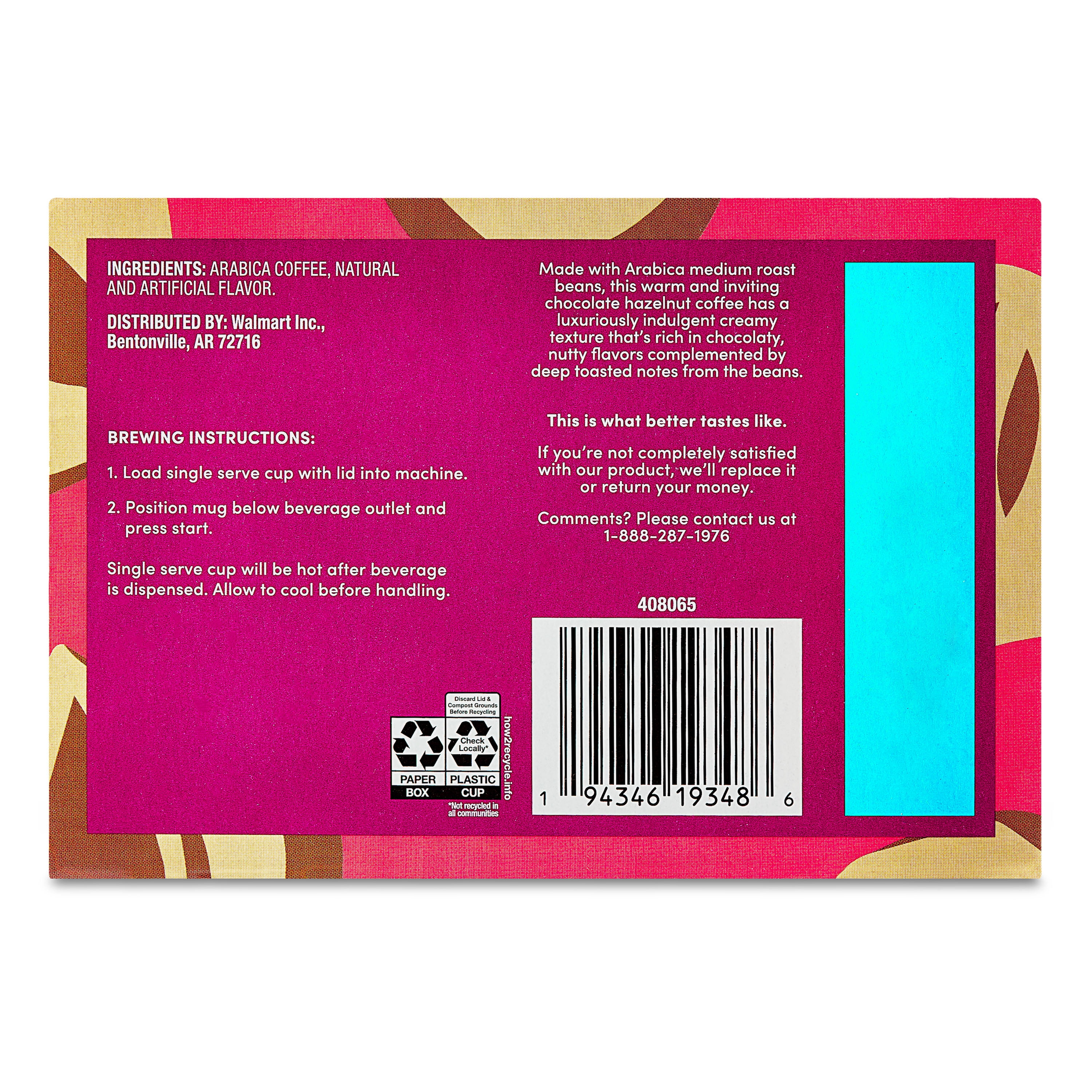 (6 pack) bettergoods Chocolate Hazelnut Flavored Coffee, Medium Roast, Single Serve Cups, 0.42 oz, 12 Count