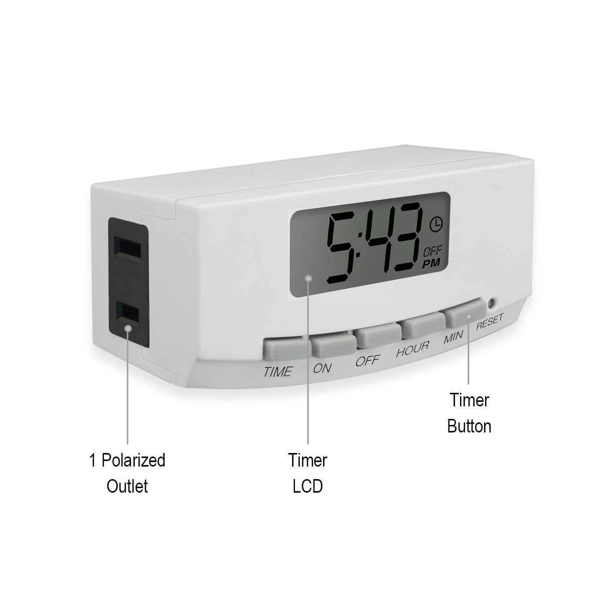 Indoor Digital Timer for Lights with LCD Display and Polarized Outlet, White, by Holiday Time