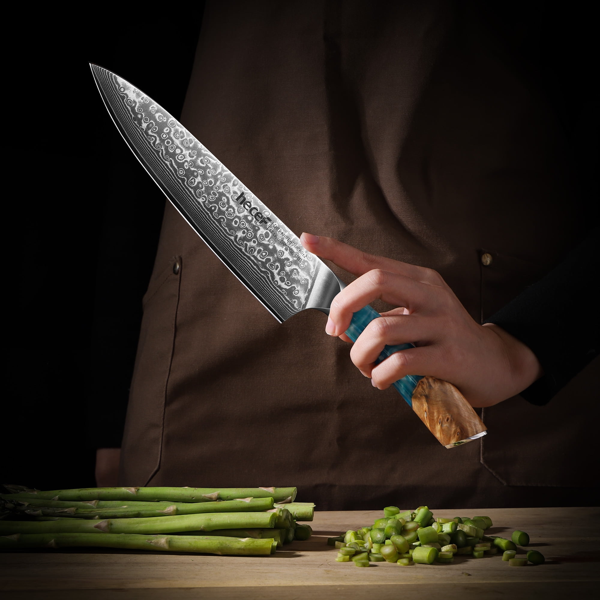 Hecef 8-Inch Chef Knife, Japanese Damascus Steel Blade with Resin Handle