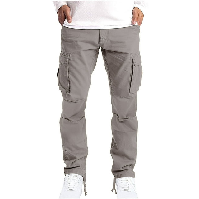 Dvkptbk Cargo Pants For Men Fashion Semi-Elastic Waist Button Zipper Pockets Straight Leg Work Pants Outdoor Athletic Pants Solid Color Causal Long Pants