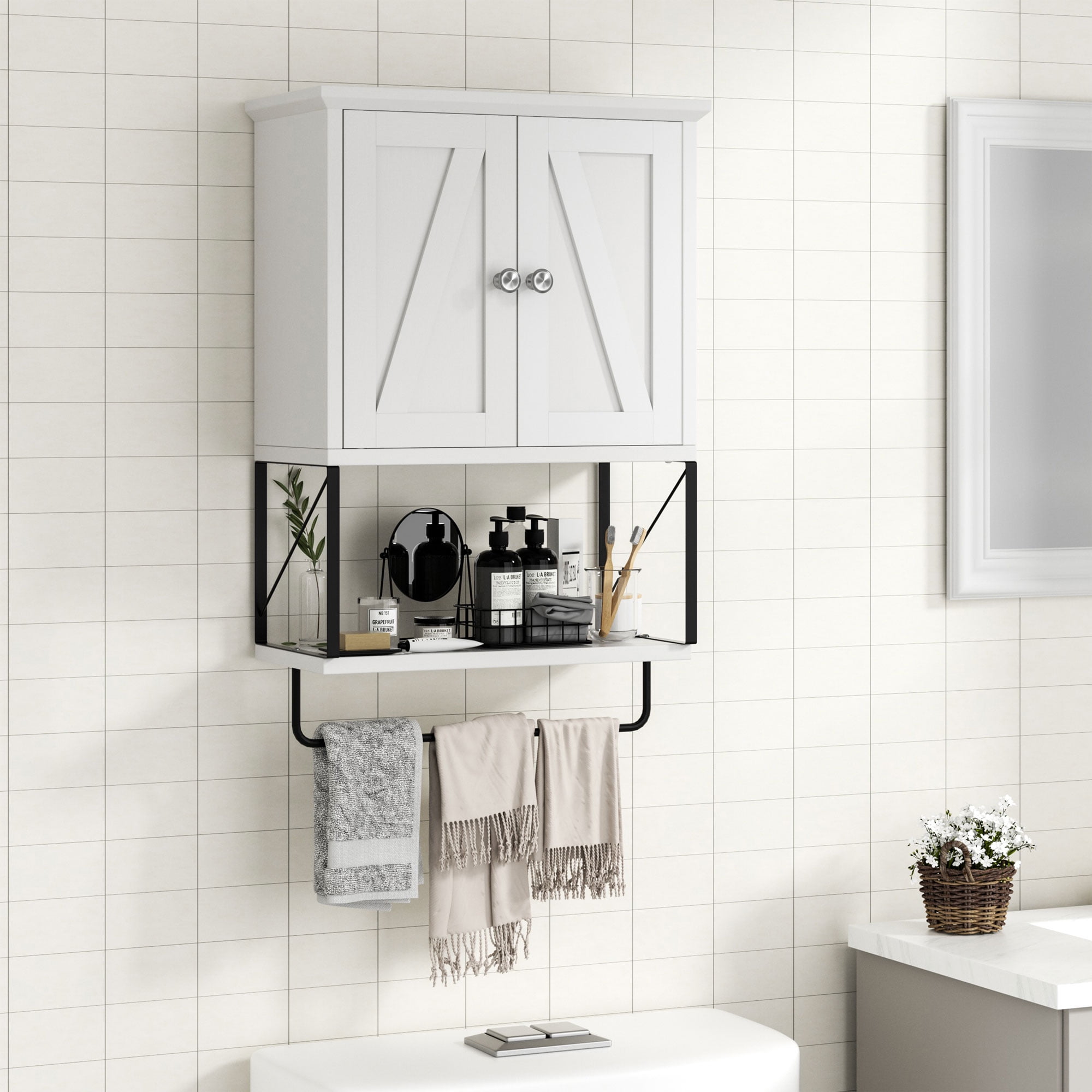 Walsunny Medicine Bathroom Cabinet，Wall-mounted Storage Cabinet, One Completely Open Compartment, with Steel Pipe Rack for Hanging Towels and Kitchen Utensils, Suitable for Kitchen
