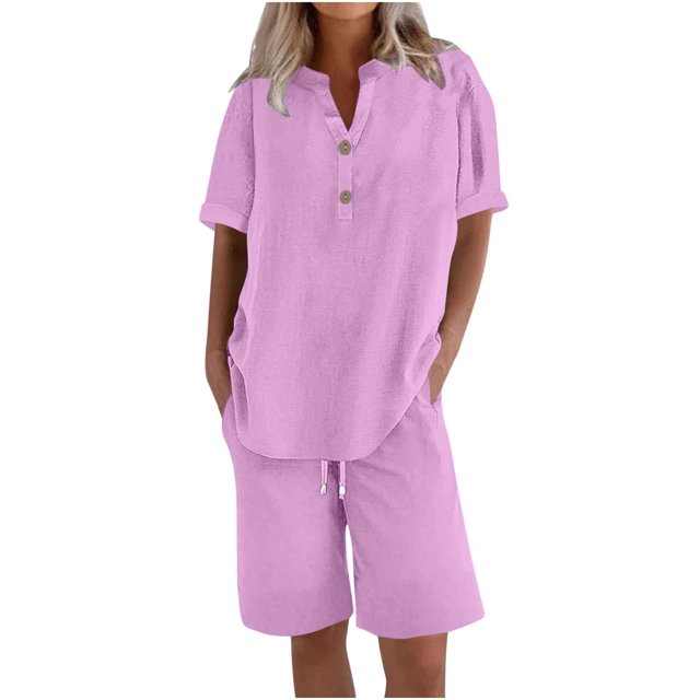 Enjoytime Lounge Sets for Women Short Sleeve Button Down Blouse and Matching Shorts Plus Size Summer Outfits with Pockets