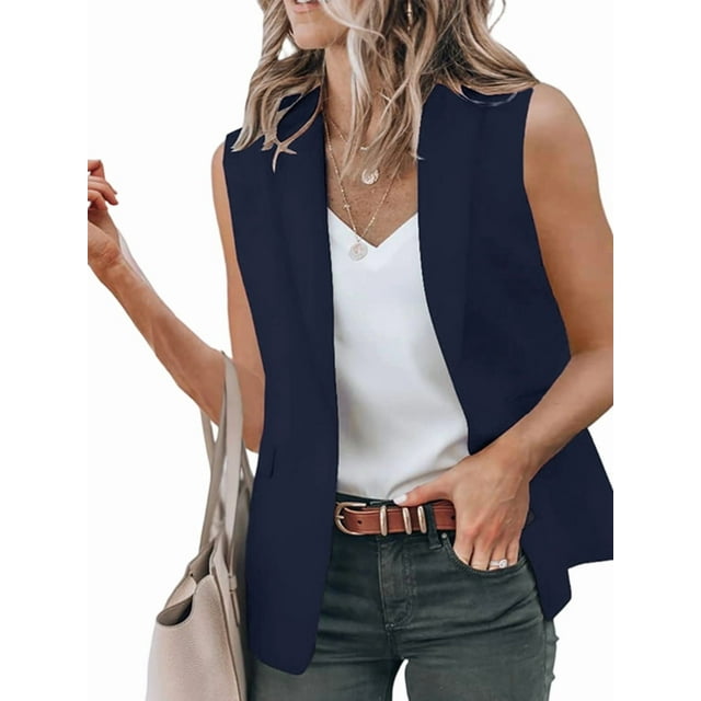 Veste Blazer Sans Manches pour Femmes, Décontractée, Ouverte devant, Bouton Unique, Veste d'Été avec Poches, Bleu Marine m