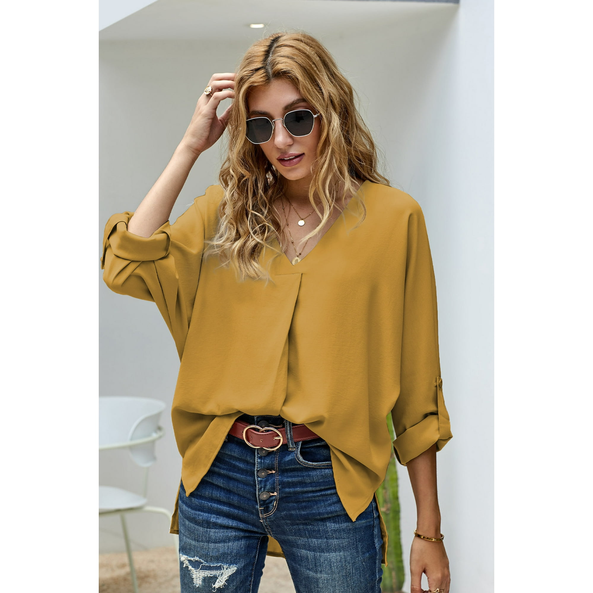 Women s Yellow V Neck 3 4 Sleeve High Low Hem Shirt