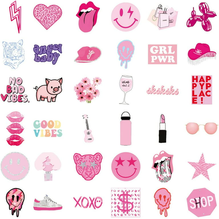 100 Pcs Preppy Stickers Pink Stickers Pack, Aesthetic Stickers Water Bottle,smile  Stickers,vinyl Waterproof Stickers For Laptop,bumper,water Bottles,c