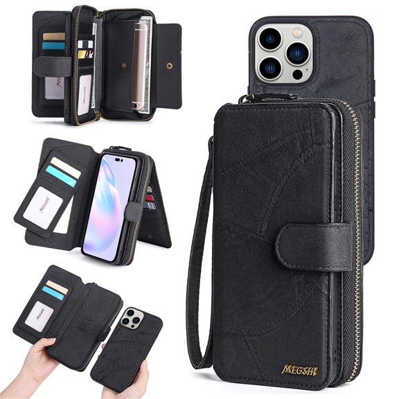 iPhone 14 Pro 6.1" 2022 Magnetic Detachable Flip Zipper Wallet Case, PU Leather Case with Card Slot & Wrist Strap Acrylic Mirror Shockproof Protective Case  14 Pro Women Men, Black