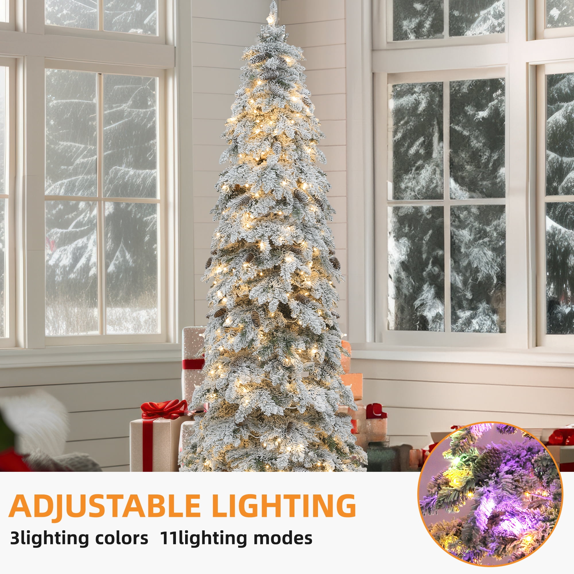 Uforic 7.5ft Snow Flocked Pencil Spruce Artificial Christmas Tree with Pinecones,Pre-Lit Holiday Christmas Pine Tree with with 800 Branch Tips,350 Lights, for Home, Office and Party Decor