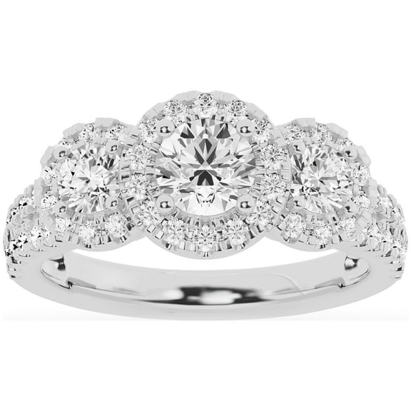 Unique Moments 1.5ct Lab Grown 3 Stone Halo Diamond Engagement Ring 14K White Gold