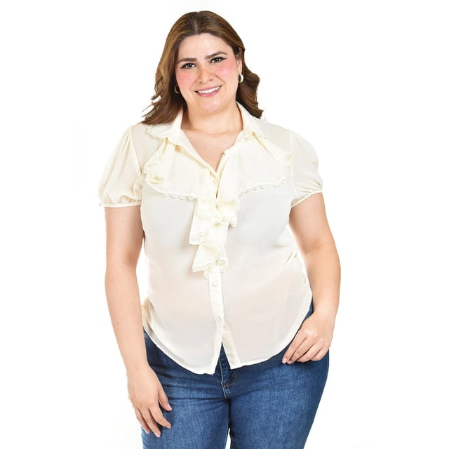 Blusa con detalle de olanes Roman Fashion /Tallas Extras, 204 (Hueso) beige 42