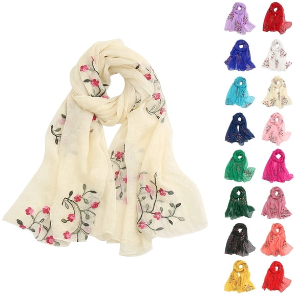 WHEANG 2026 New Flower Embroidery Scarf for Women Fashion Soft Silk Beach Sunscreen Scarf Wrap Travel-Friendly Summer Scarf Wrap Shawl for Women(Color White One Size)