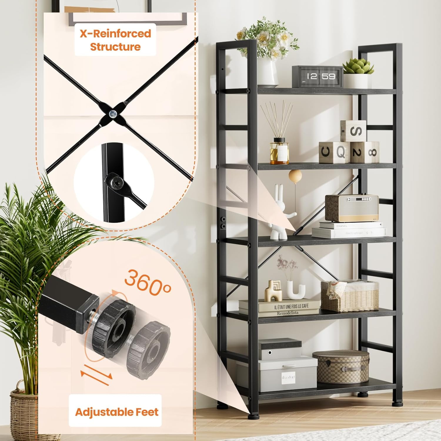 Atilioo 5 Tier Bookcase, 62" Tall Bookshelf, Wooden Storage Organizer with Adjustable Shelves for Living Room, Home Office, Kitchen, Black