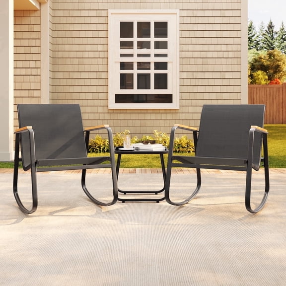 Asofer 3-Piece Patio Bistro Set, Outdoor Furniture Set with Coffee Table & Wood Handrail, Black