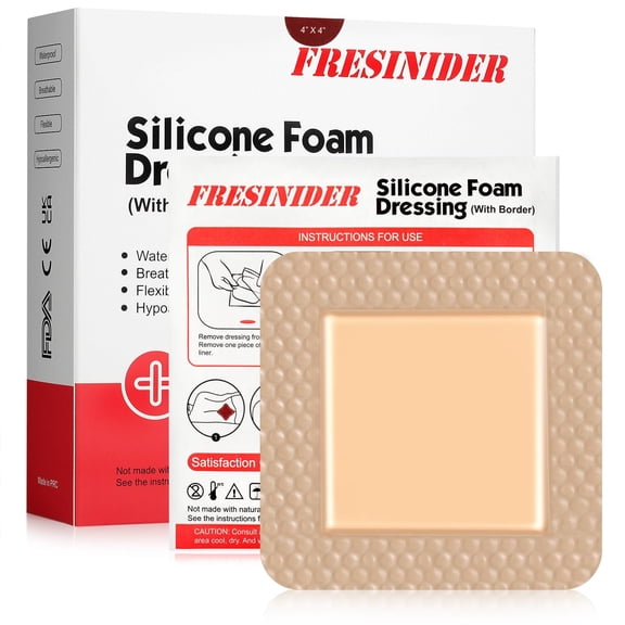 FRESINIDER 4" x 4" Silicone Foam Dressing with Adhesive Border, 10 Pack, Waterproof Self-Adhesive Wound Care Bandages