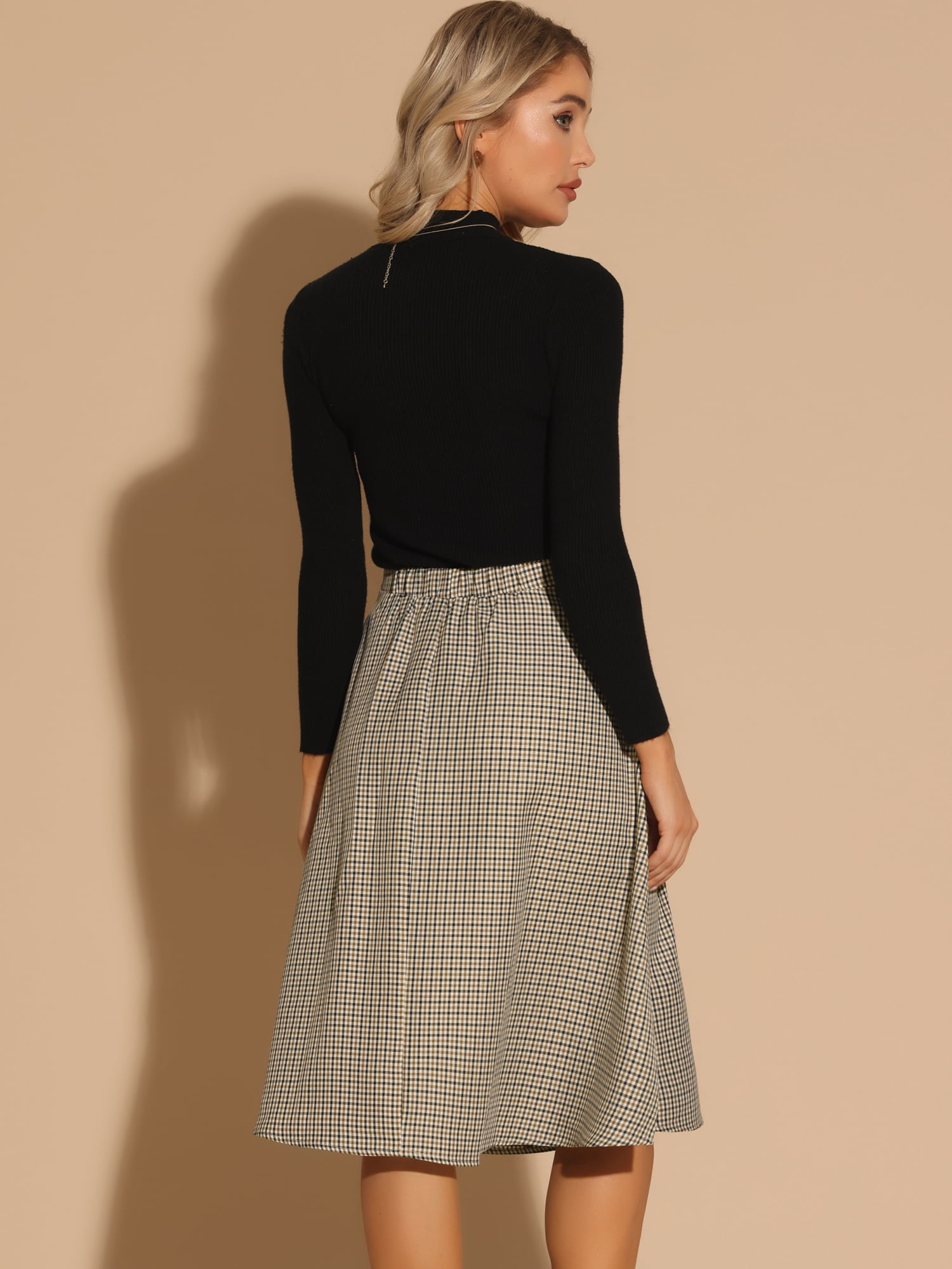 DARING DIVA Women's Vintage Plaid Pleated A-Line Midi Skirt S Brown